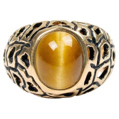 Vintage 14k Yellow Gold Tiger's Eye Cabochon Statement Cocktail Brutalist Ring
