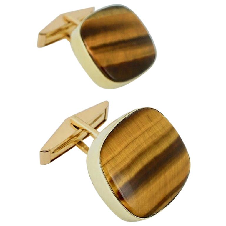 Vintage 14 Karat Yellow Gold Tigers Eye Cufflinks, Karram, 1960s