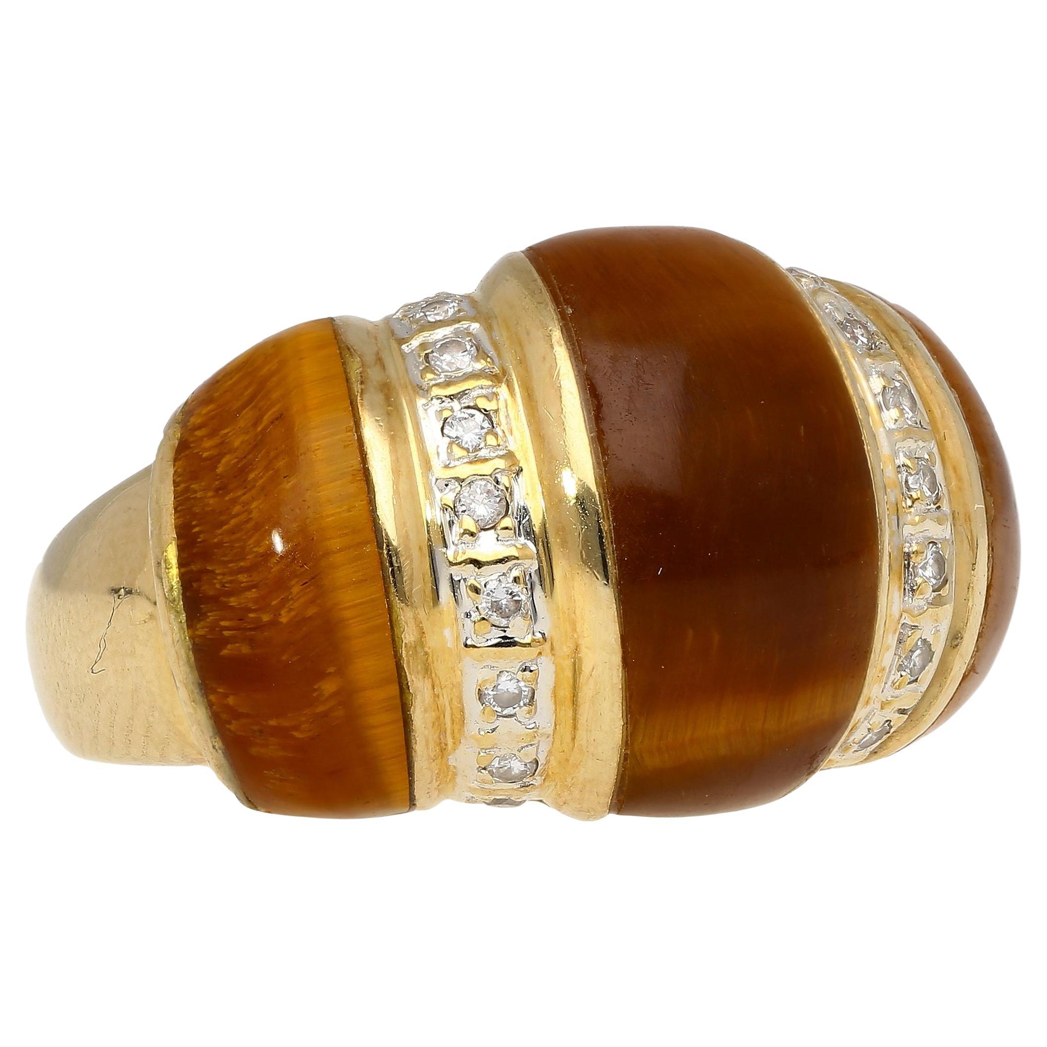 Vintage 14K Yellow Gold Tigers Eye & Diamond Dome Ring