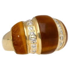 Vintage 14K Yellow Gold Tigers Eye & Diamond Dome Ring