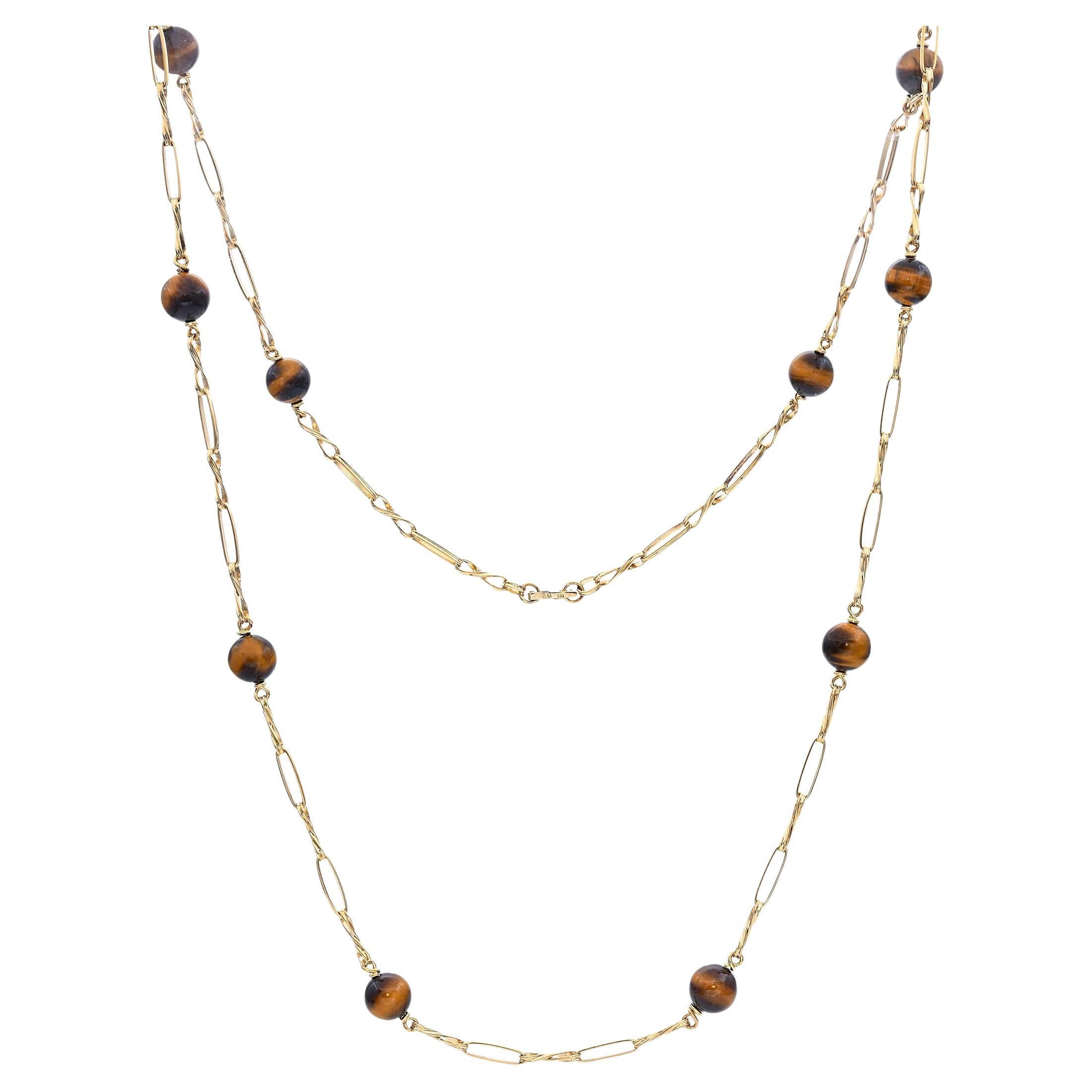 Vintage 14k Yellow Gold Tiger
s Eye Station Necklace For Sale