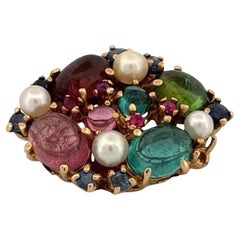 Vintage 14K Yellow Gold Tourmaline Sapphire Ruby Multi-Gemstone & Pearl Brooch
