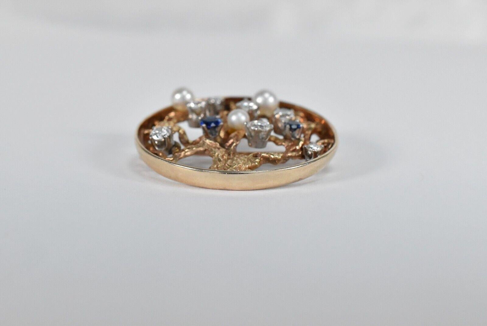 Broche/pendentif vintage arbre de vie en or jaune 14 carats, diamant, perle et saphir Bon état - En vente à Providence, RI