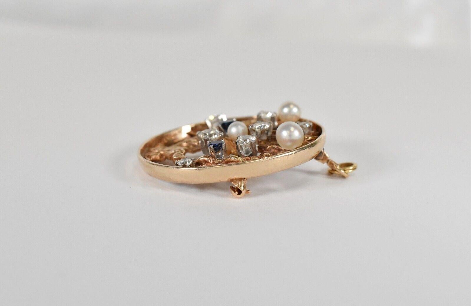 Broche/pendentif vintage arbre de vie en or jaune 14 carats, diamant, perle et saphir en vente 1