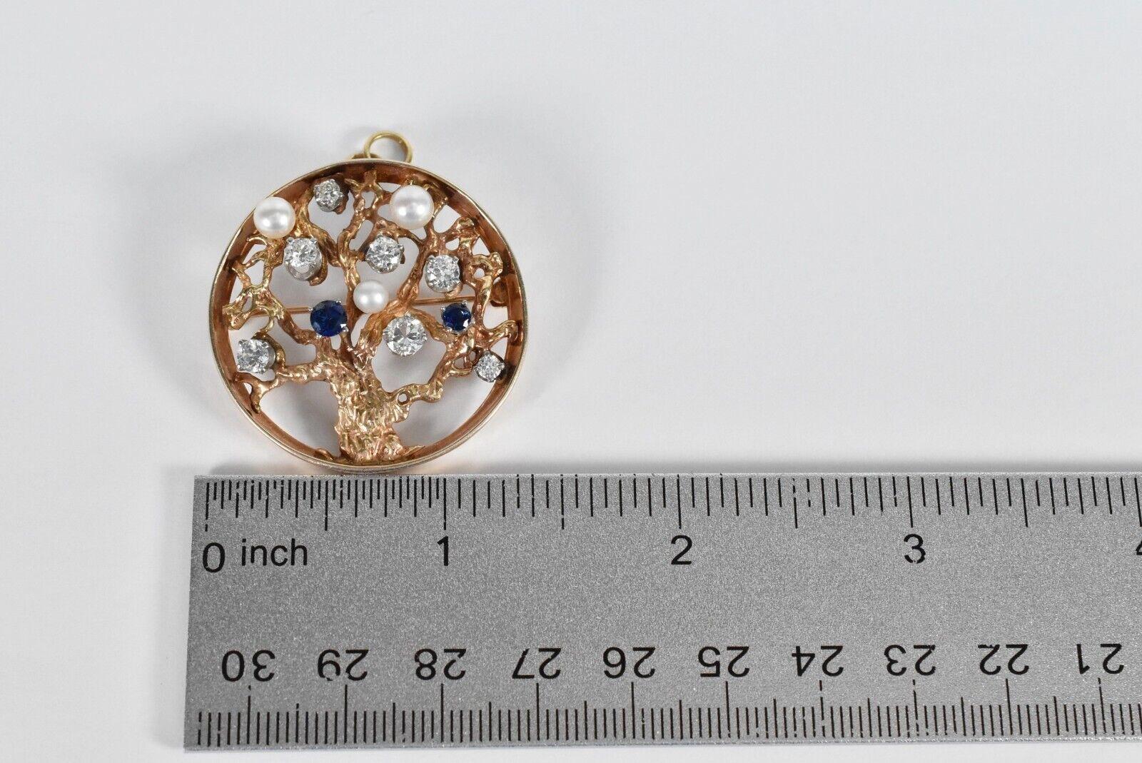 Broche/pendentif vintage arbre de vie en or jaune 14 carats, diamant, perle et saphir en vente 2