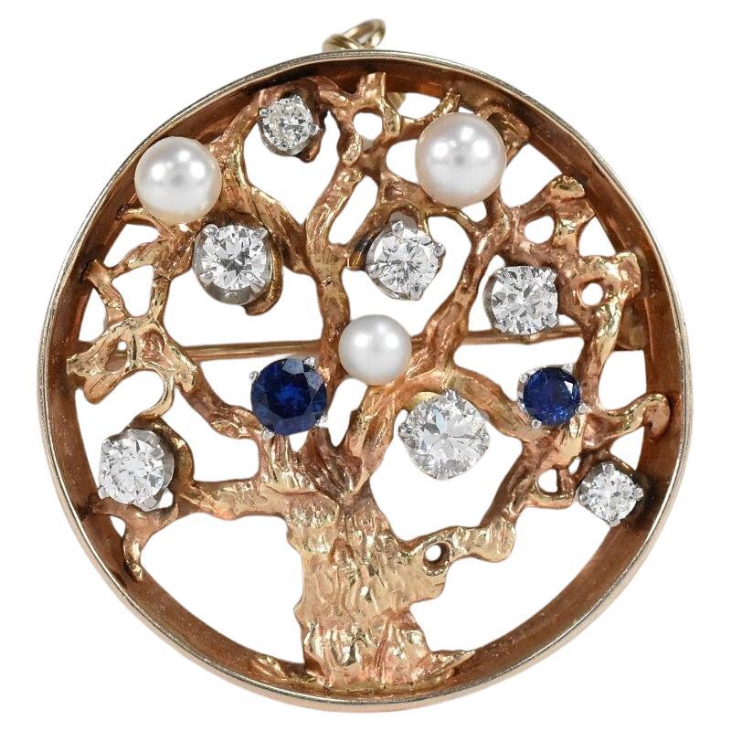 Vintage 14k Yellow Gold Tree of Life Diamond Pearl & Sapphire Brooch/Pendant