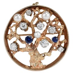 Vintage 14k Yellow Gold Tree of Life Diamond Pearl & Sapphire Brooch/Pendant