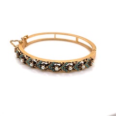 Vintage 14K Yellow Gold Turquoise and Pearl Bangle Bracelet