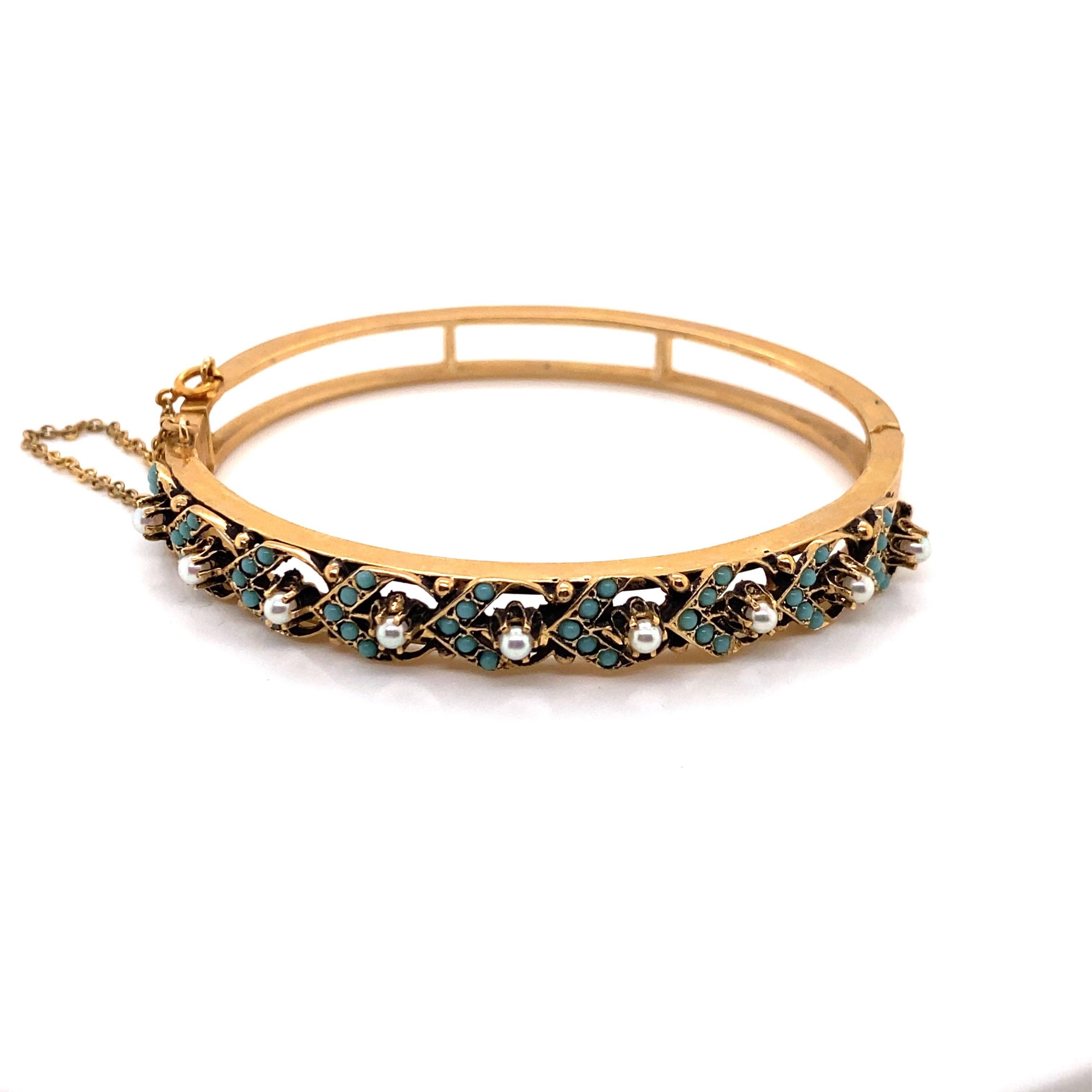Modern Vintage 14K Yellow Gold Turquoise and Pearl Bangle Bracelet For Sale