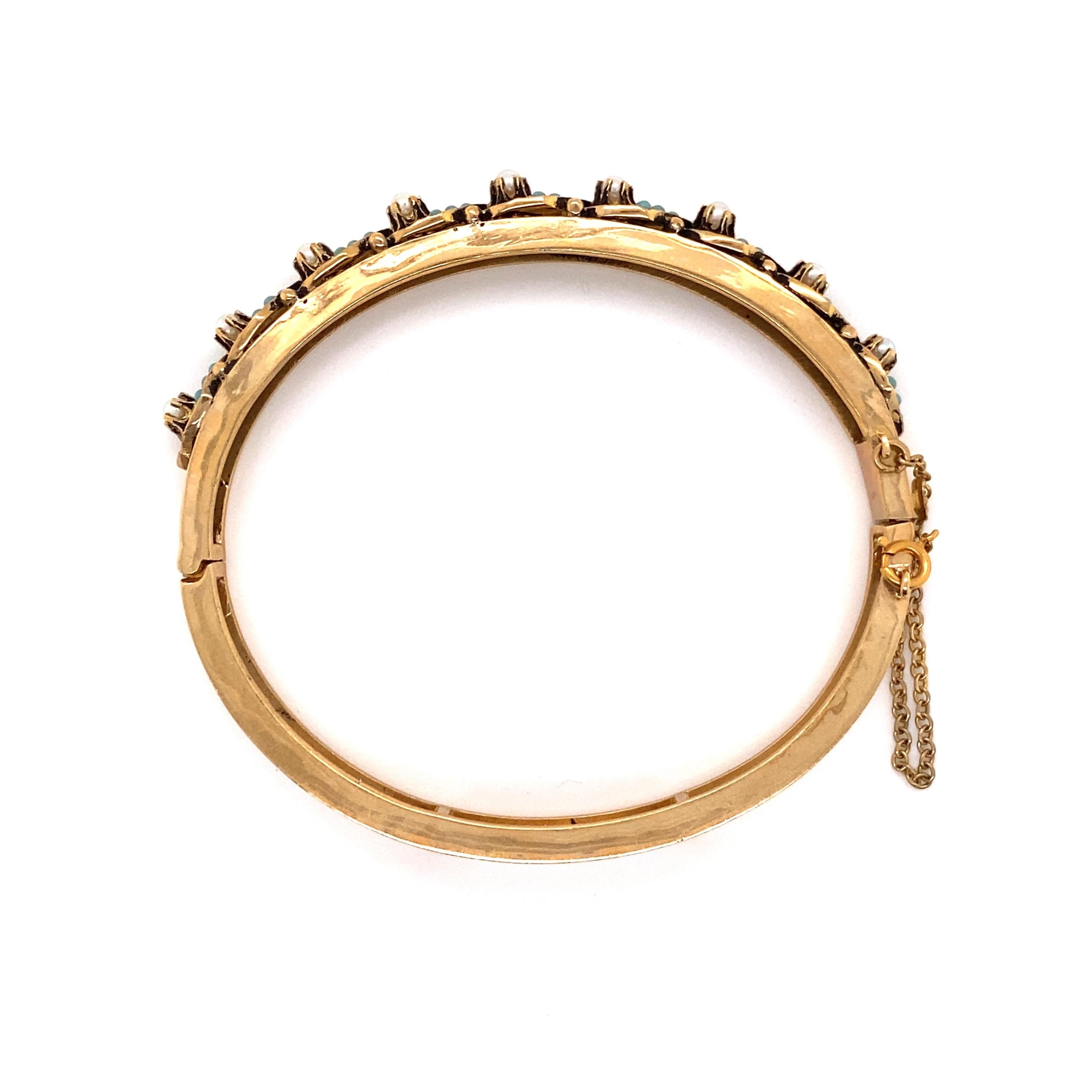 Bead Vintage 14K Yellow Gold Turquoise and Pearl Bangle Bracelet For Sale