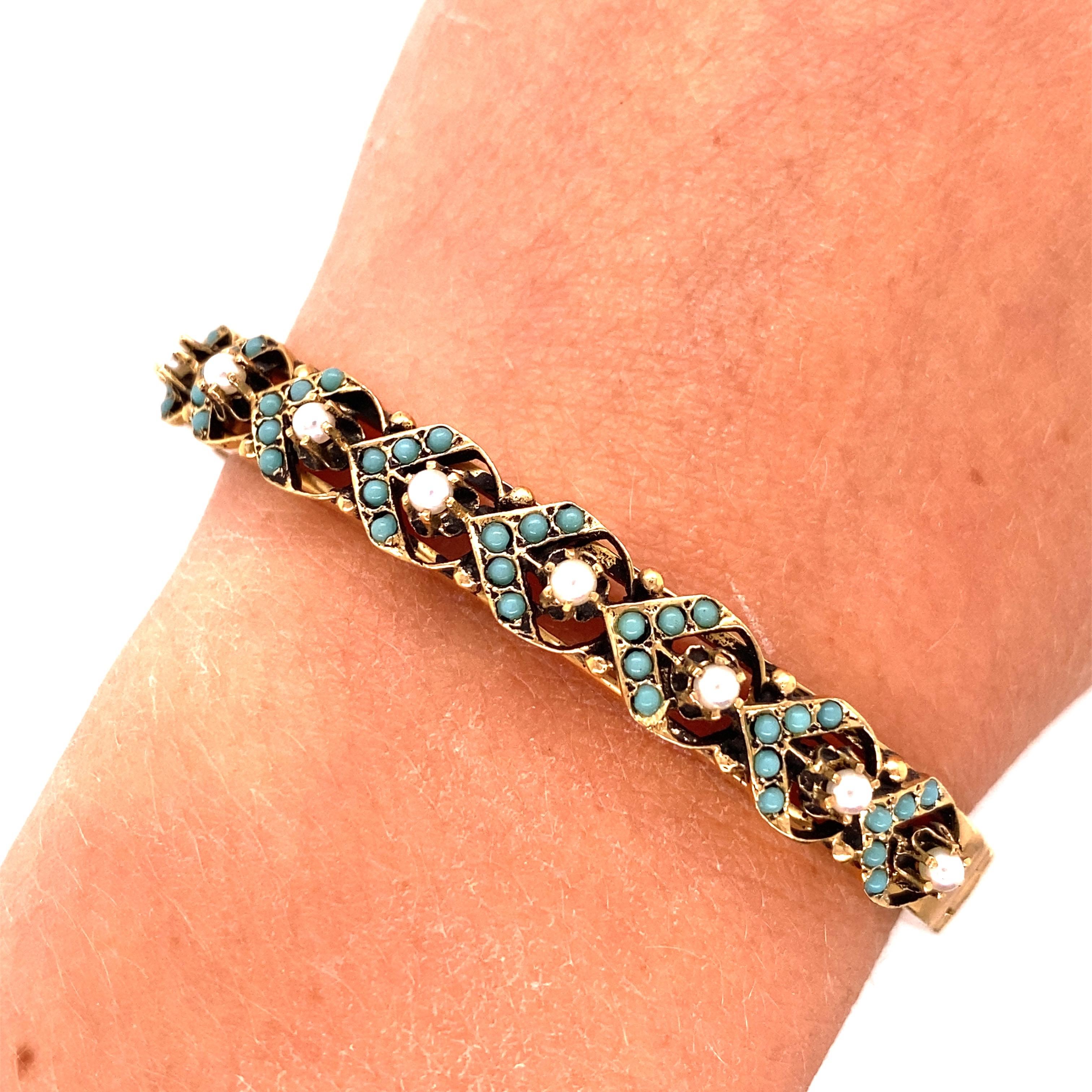 Women's Vintage 14K Yellow Gold Turquoise and Pearl Bangle Bracelet For Sale