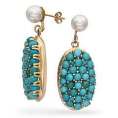 Vintage 14k Yellow Gold Turquoise and Pearl Drop Earrings