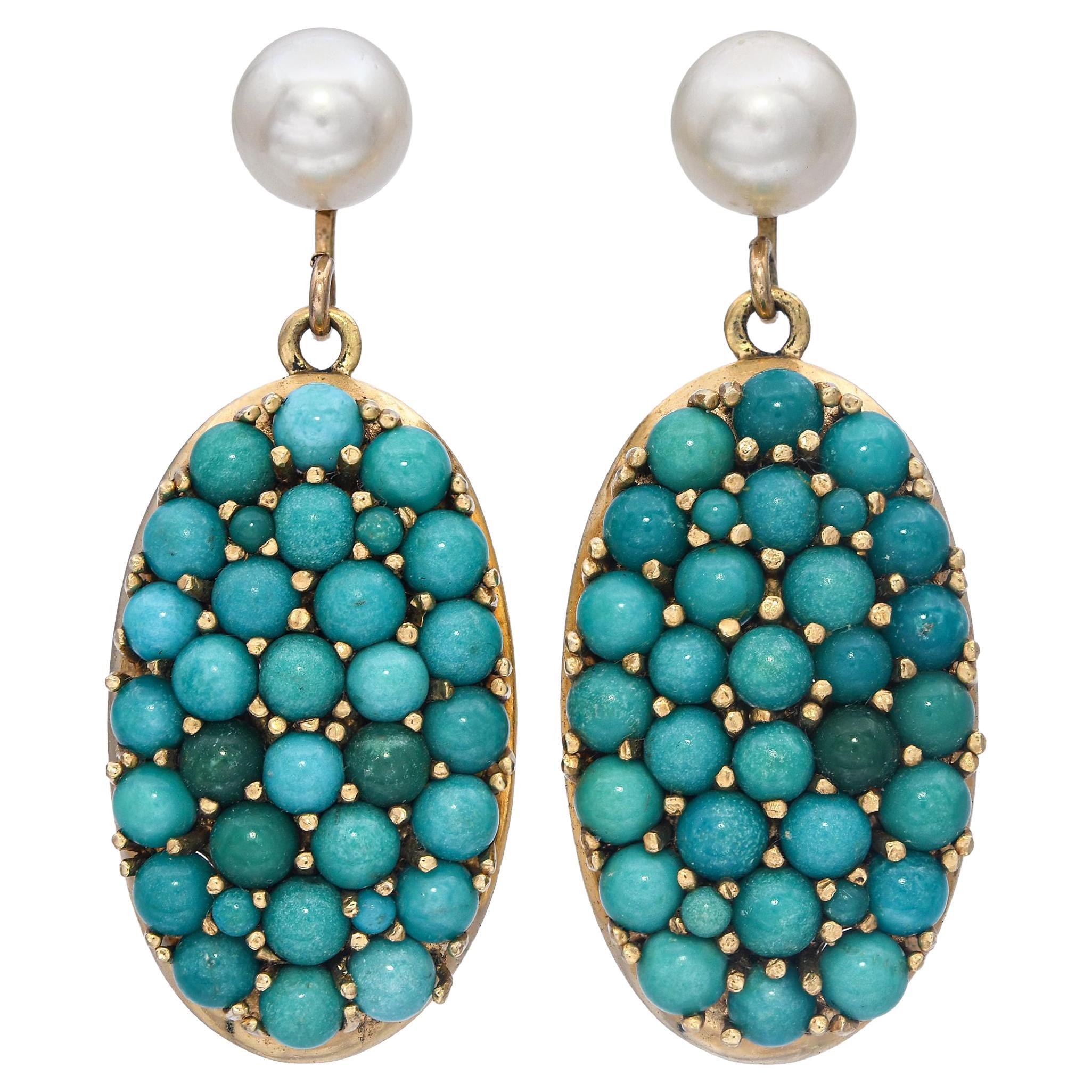 Vintage 14k Yellow Gold Turquoise and Pearl Drop Earrings
