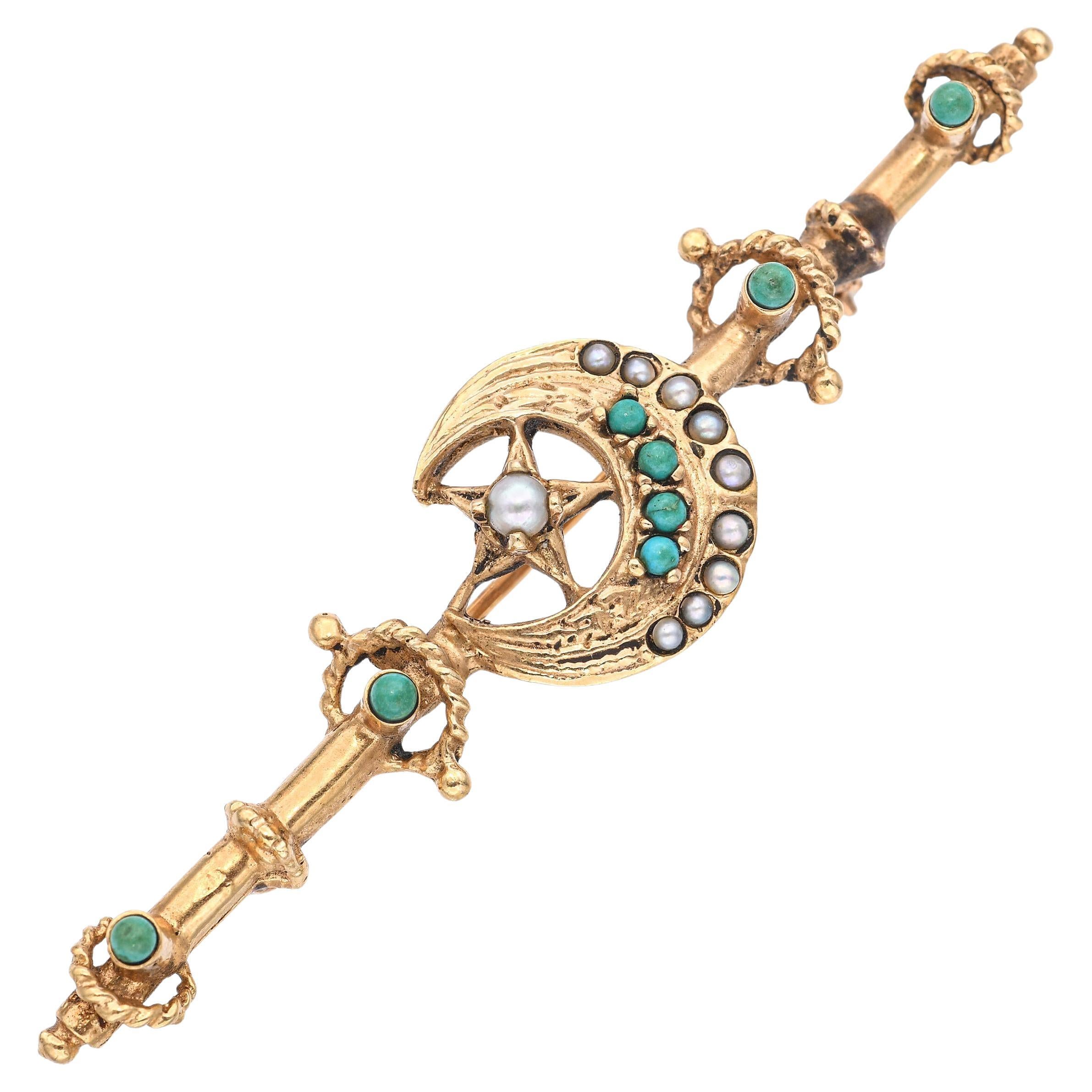 Vintage 14k Yellow Gold Turquoise and Pearl Moon and Star Bar Brooch