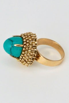 Vintage 14 Karat Yellow Gold Turquoise Cocktail Ring, 1960s