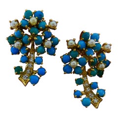 Vintage 14 Karat Yellow Gold Turquoise Diamond & Pearl Palm Tree Motif Earrings