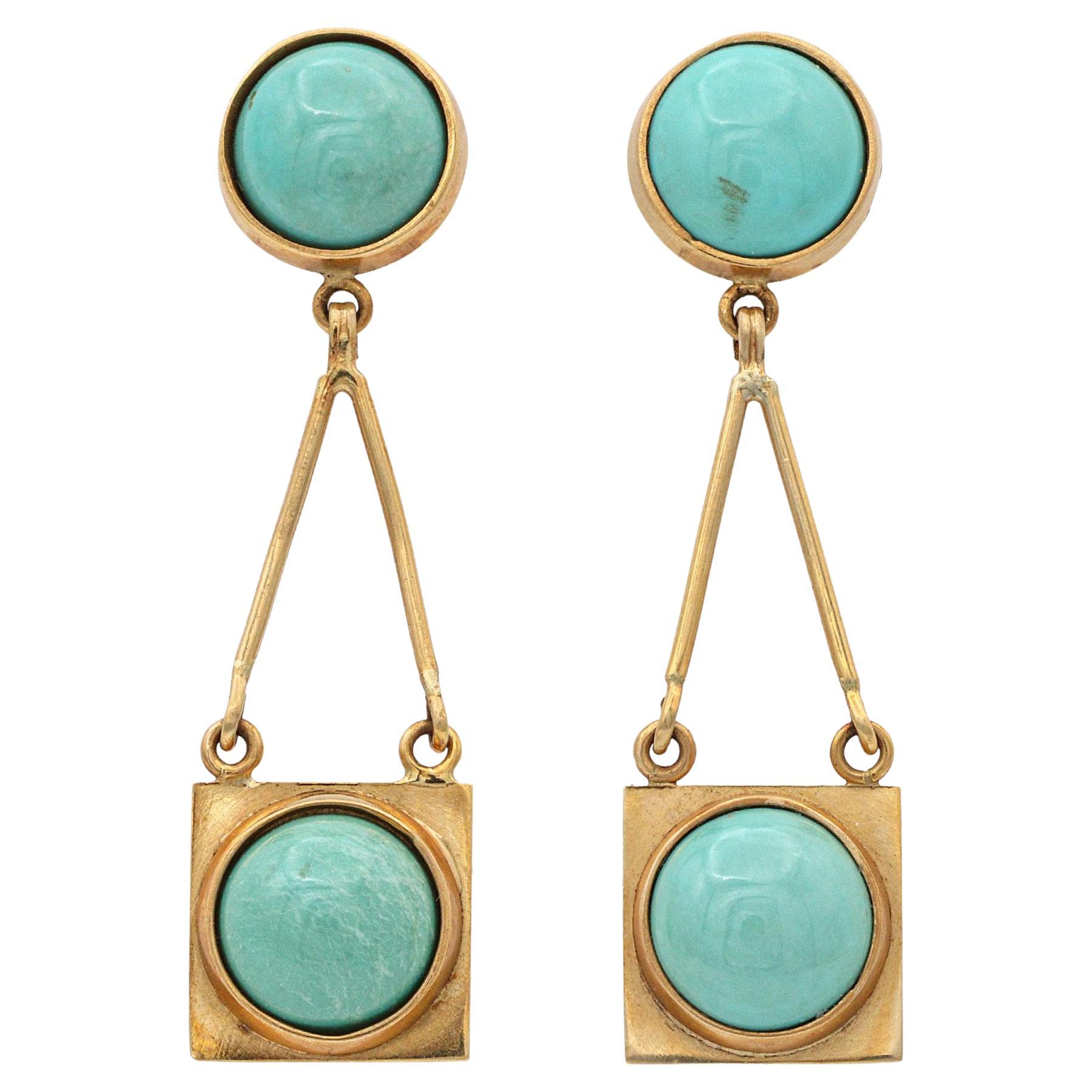 Boucles d'oreilles vintage en or jaune 14k et turquoise