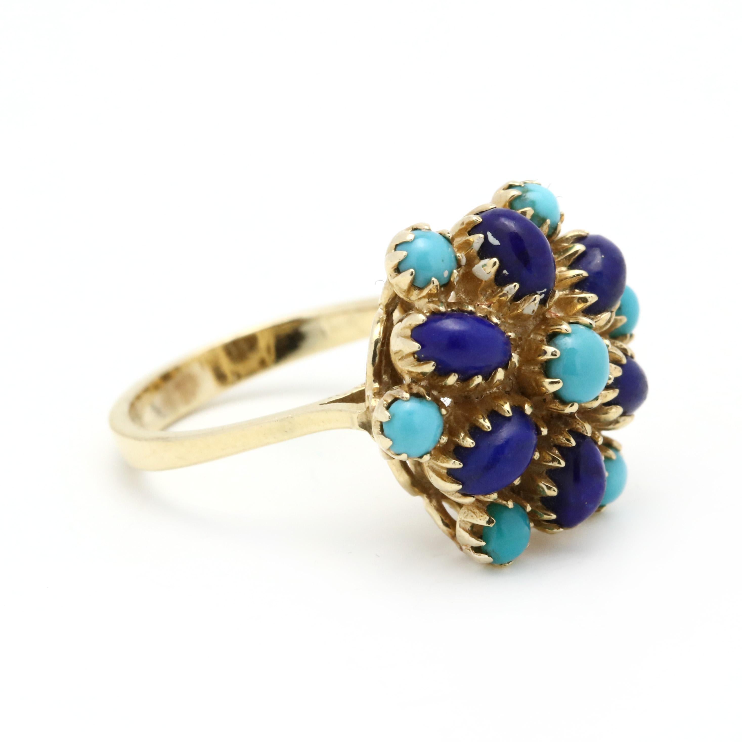 A vintage 14 karat yellow gold turquoise and lapis ring. A cluster star motif with round cabochon cut turquoise and oval cabochon cut lapis stones.

Stones:
- turquoise
- round cabochon cut, 7 stones
- 3 - 3.5 mm

- lapis
- oval cabochon, 6 stones
-