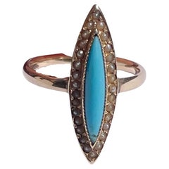 Vintage 14K Yellow Gold Turquoise Marquise and Halo Seed Pearl Fashion Ring 