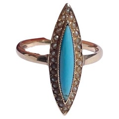 Vintage 14K Yellow Gold Turquoise Marquise and Halo Seed Pearl Fashion Ring