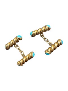 Vintage 14K Yellow Gold Turquoise Twist Bar Cufflinks  Classic Chain Link Desig