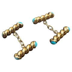 Vintage 14K Yellow Gold Turquoise Twist Bar Cufflinks  Classic Chain Link Desig