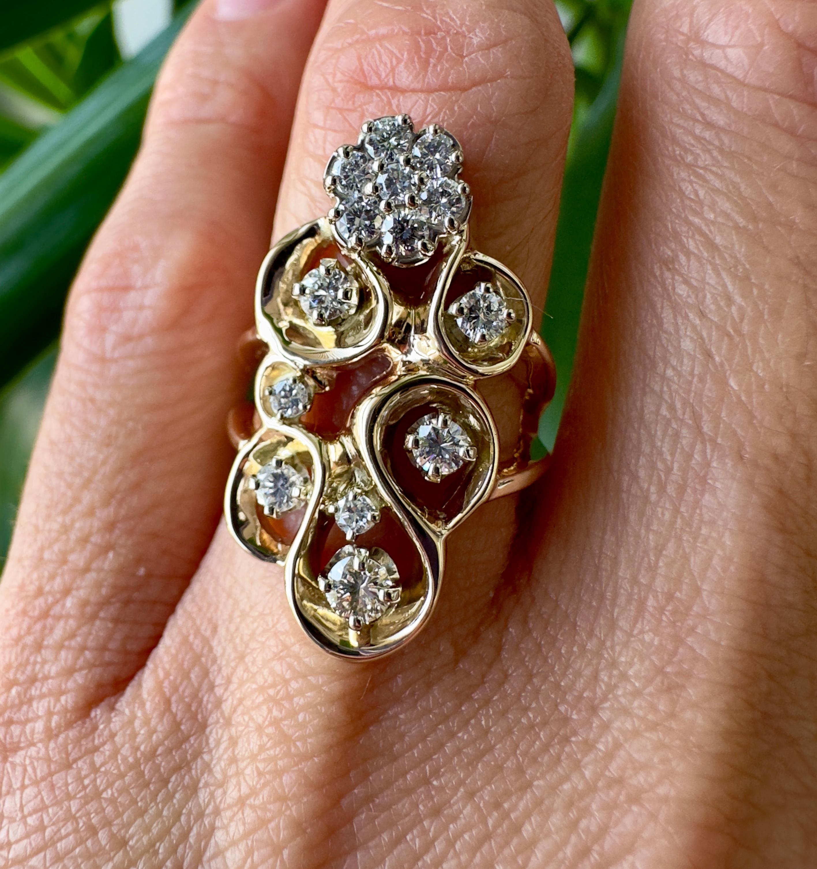 Round Cut Vintage 14k Yellow Gold Unique Diamond Fashion Ring For Sale