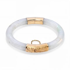 Vintage 14k Yellow Gold Variegated Bluish Green and White Jadeite Jade Bangle