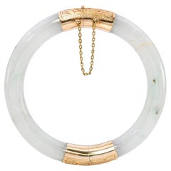 Vintage 14k Yellow Gold Variegated Bluish Green and White Jadeite Jade Bangle