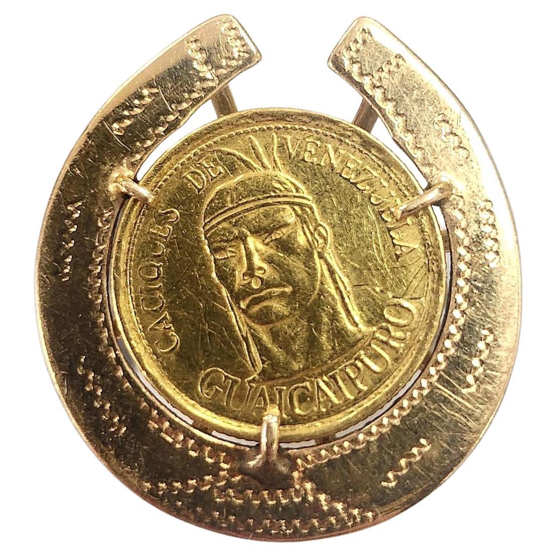 Vintage 14K Yellow Gold Venezuelan Coin Horseshoe Ring For Sale