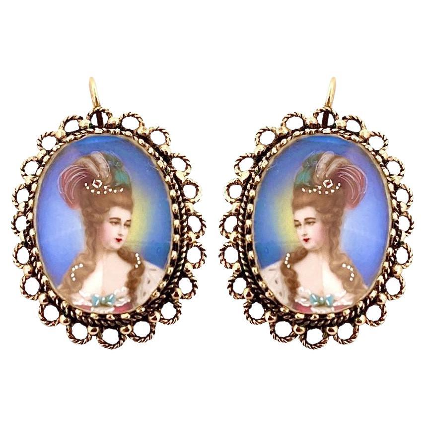 Vintage 14K Yellow Gold Victorian Lady Portrait Earrings
