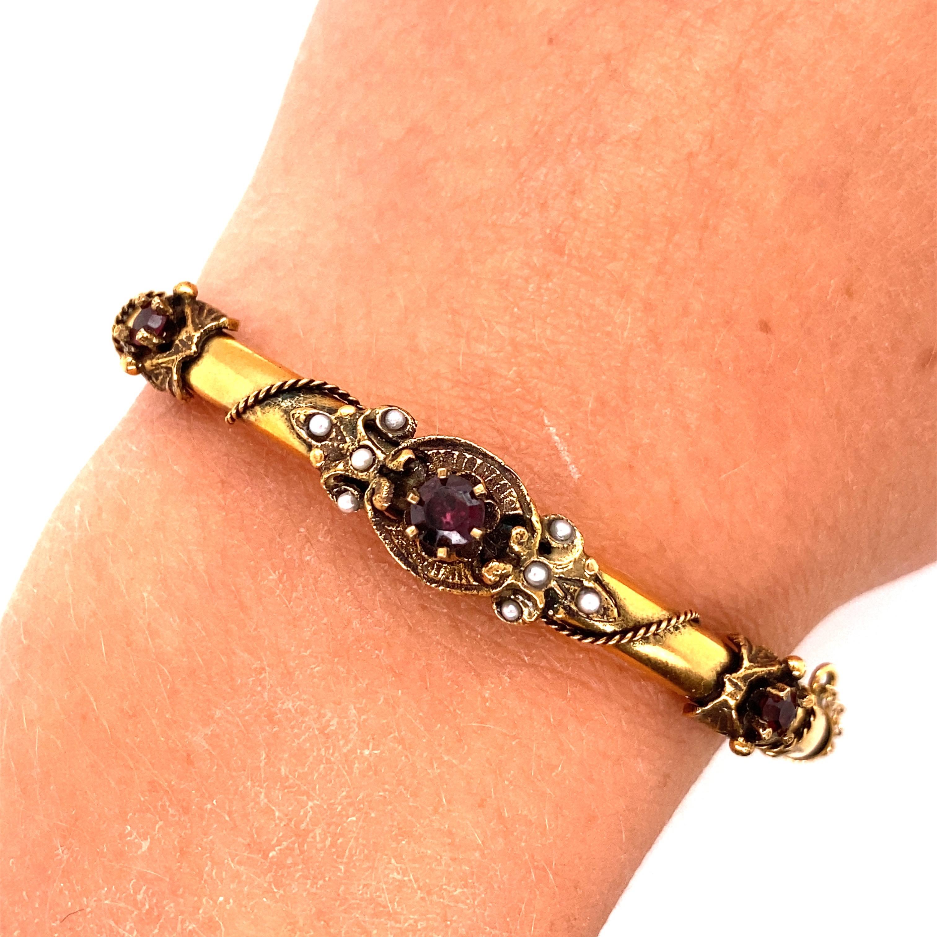 Round Cut Vintage 14K Yellow Gold Victorian Reproduction Bangle with Garnet and Seed Pearl For Sale