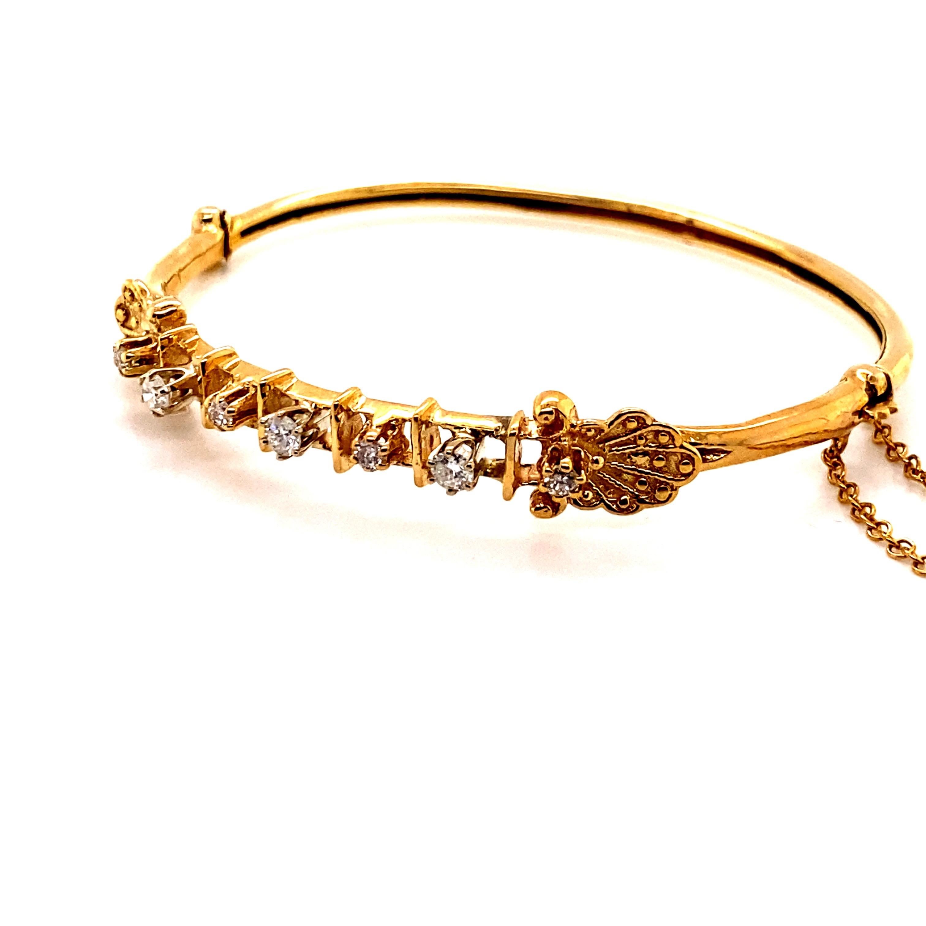 Round Cut Vintage 14K Yellow Gold Victorian Reproduction Diamond Bangle Bracelet For Sale