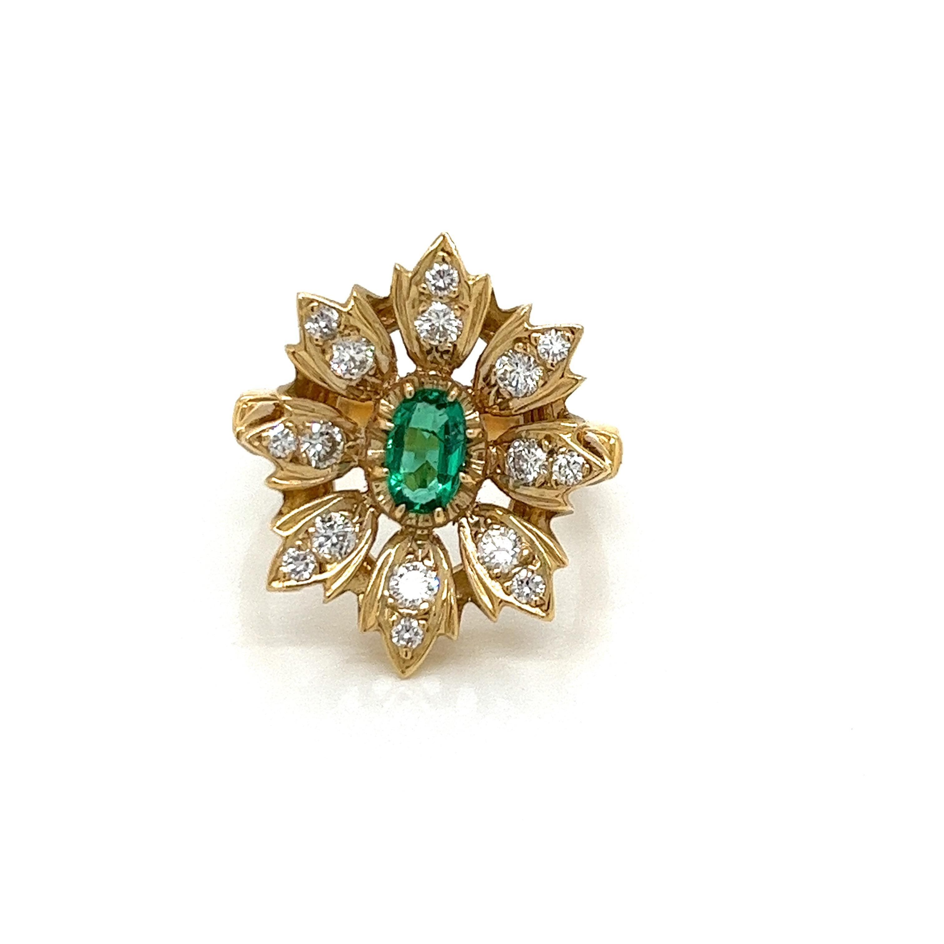 Women's Vintage 14k yellow gold Victorian Reproduction Emerald and Diamond Ring For Sale