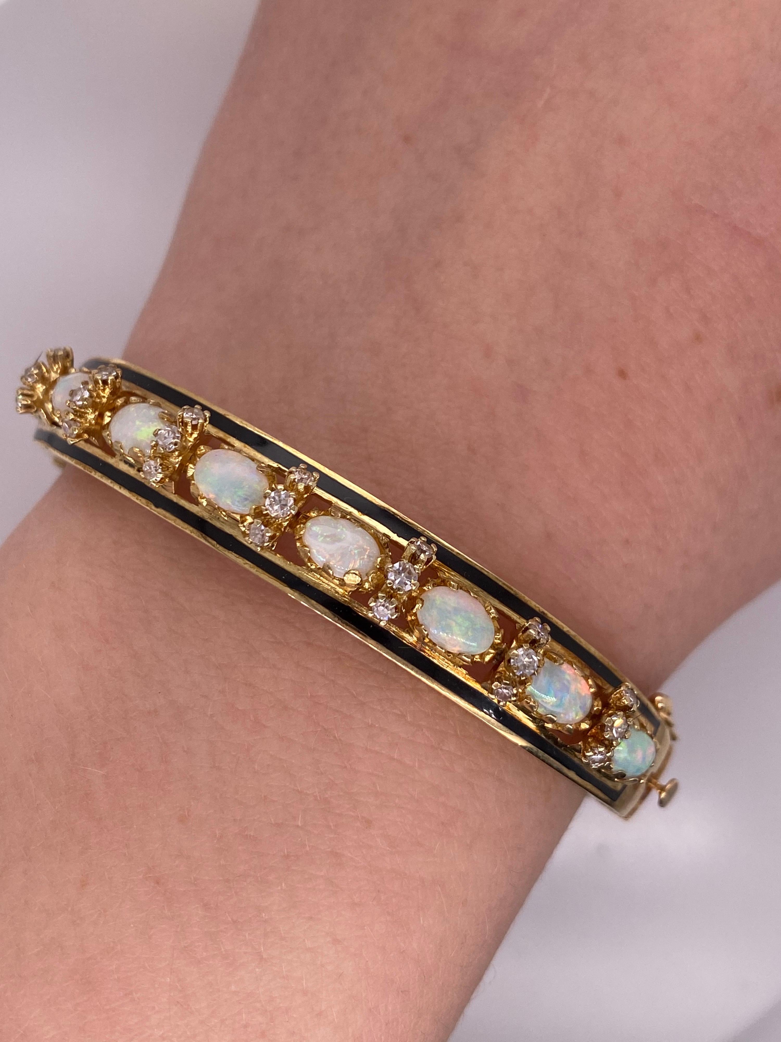 Vintage 14k Yellow Gold Victorian Reproduction Opal and Diamond Bangle Bracelet For Sale 2