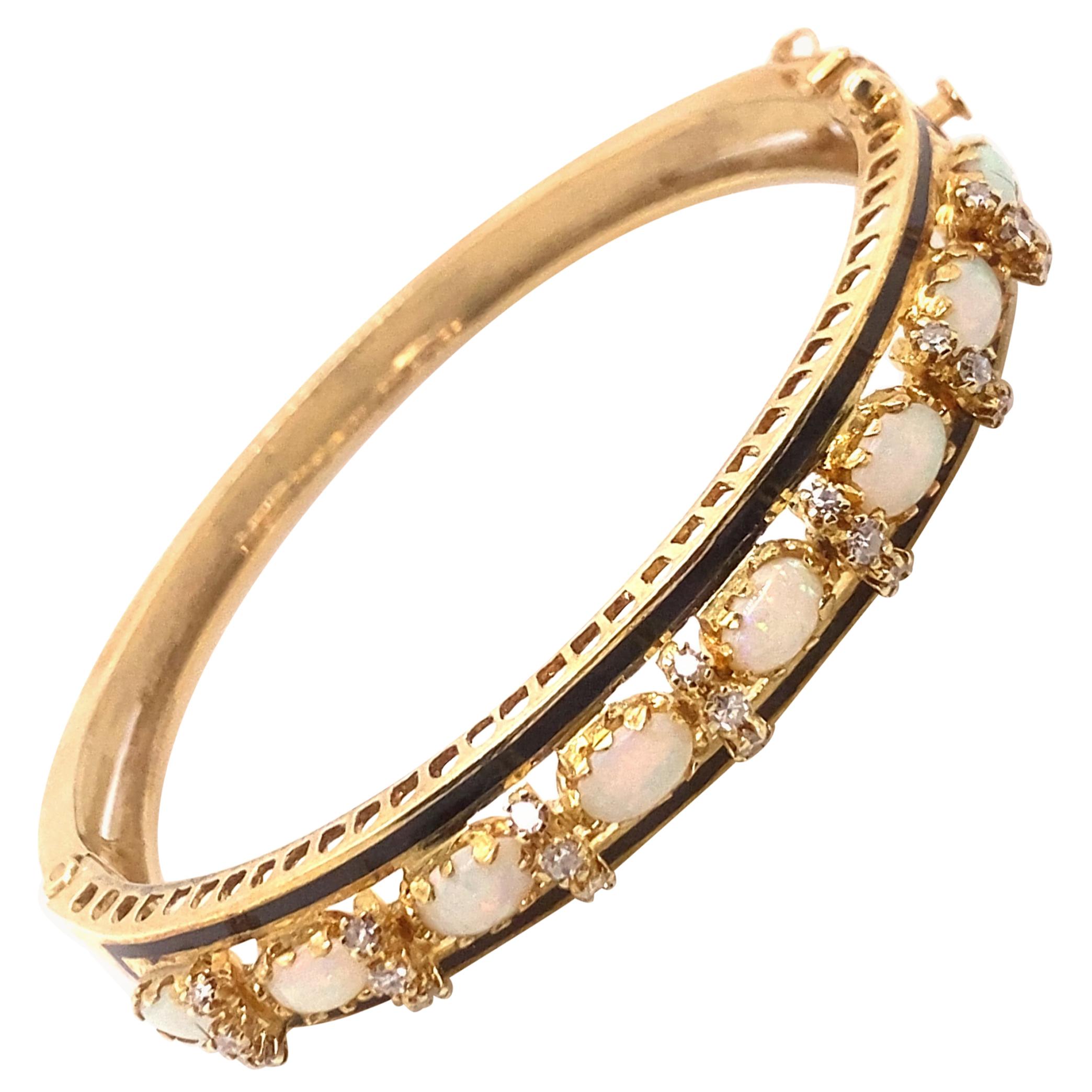 Bracelet jonc vintage de reproduction victorienne en or jaune 14 carats avec opales et diamants