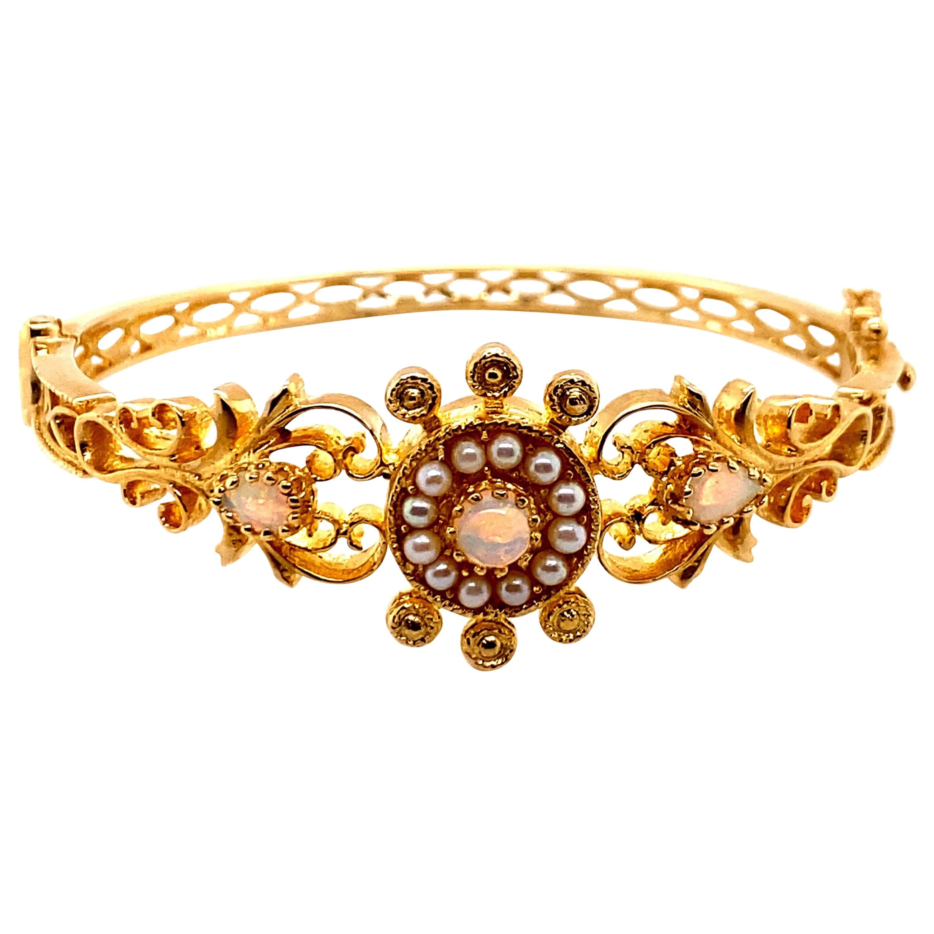 Bracelet jonc vintage de reproduction victorienne en or jaune 14 carats avec opale et perles