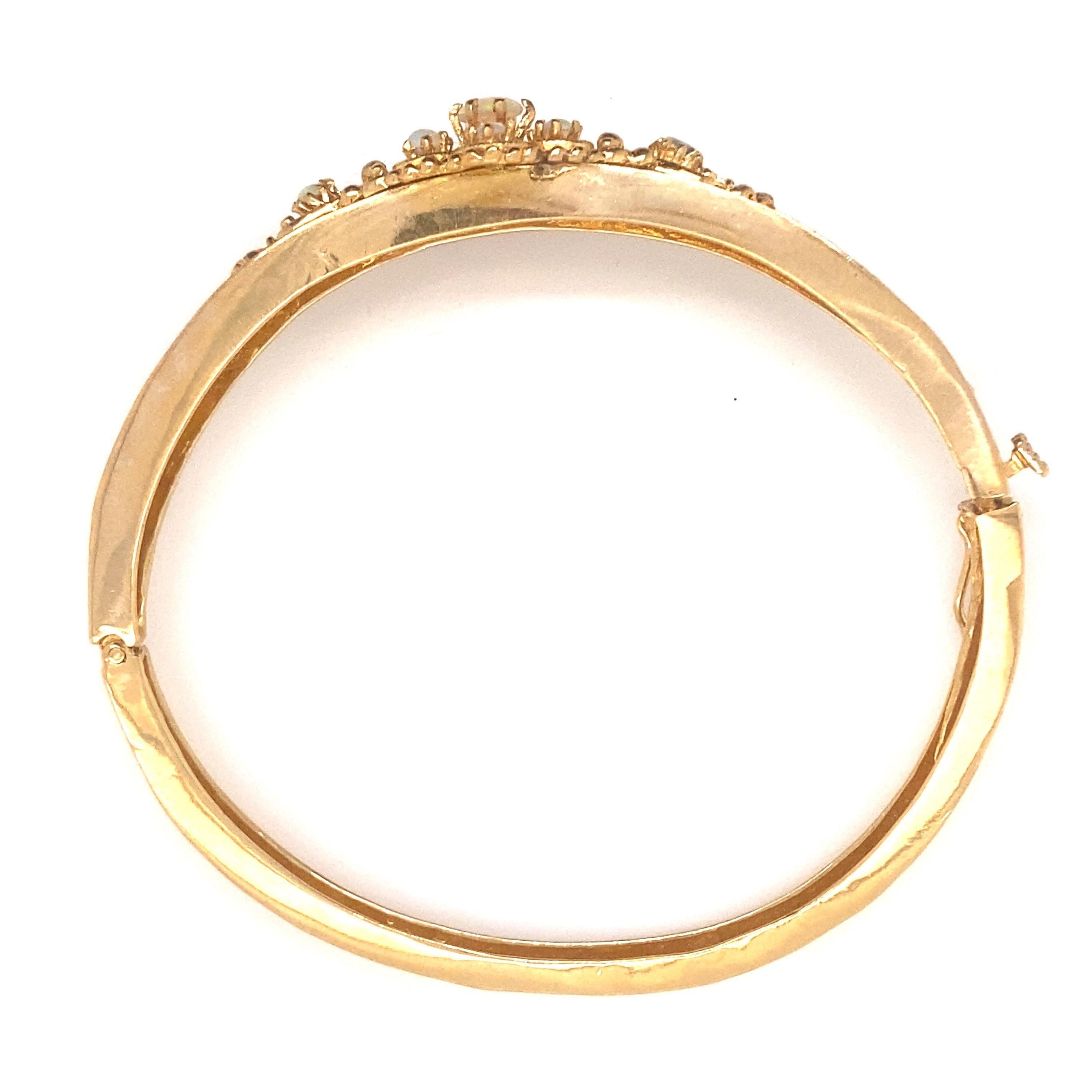 Vintage 14K Yellow Gold Victorian Reproduction Opal Bangle Bracelet In Good Condition For Sale In Boston, MA