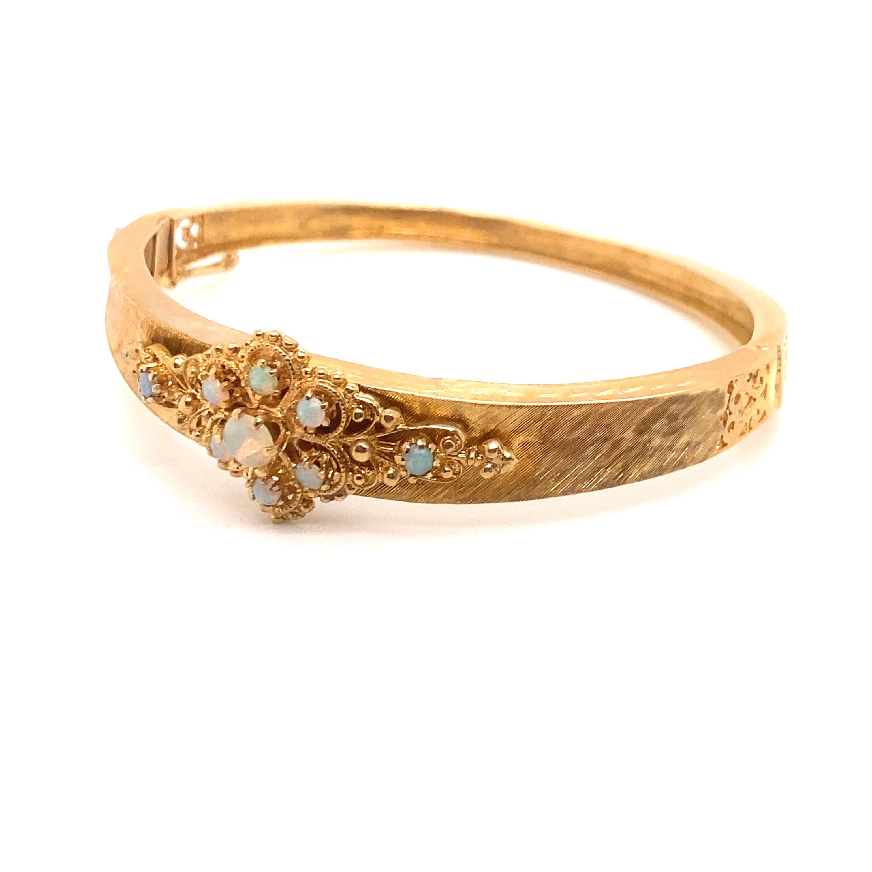 Vintage 14K Yellow Gold Victorian Reproduction Opal Bangle Bracelet In Good Condition In Boston, MA