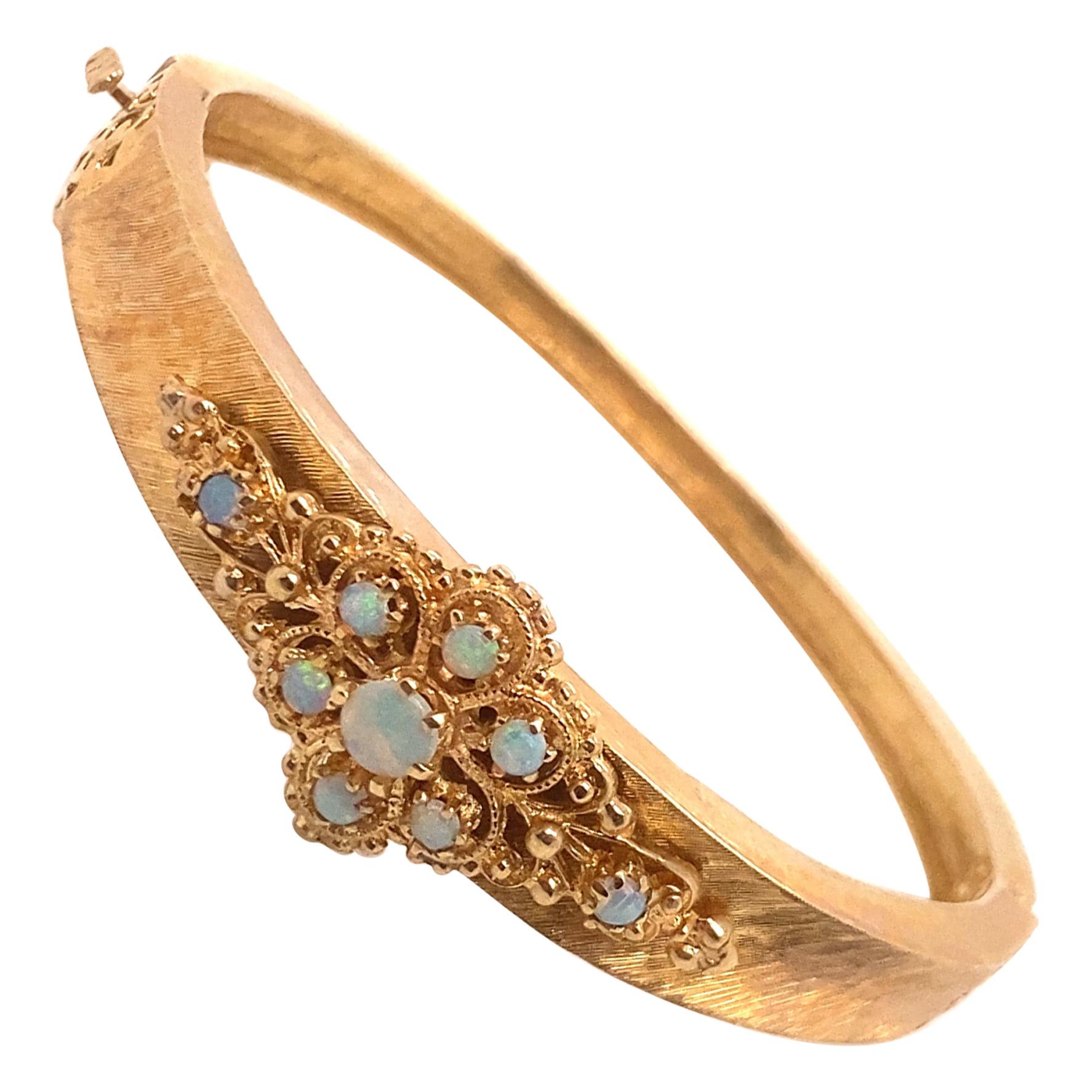 Vintage 14K Yellow Gold Victorian Reproduction Opal Bangle Bracelet For Sale