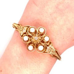 Vintage 14K Yellow Gold Victorian Reproduction Opal with Diamond Bangle Bracelet