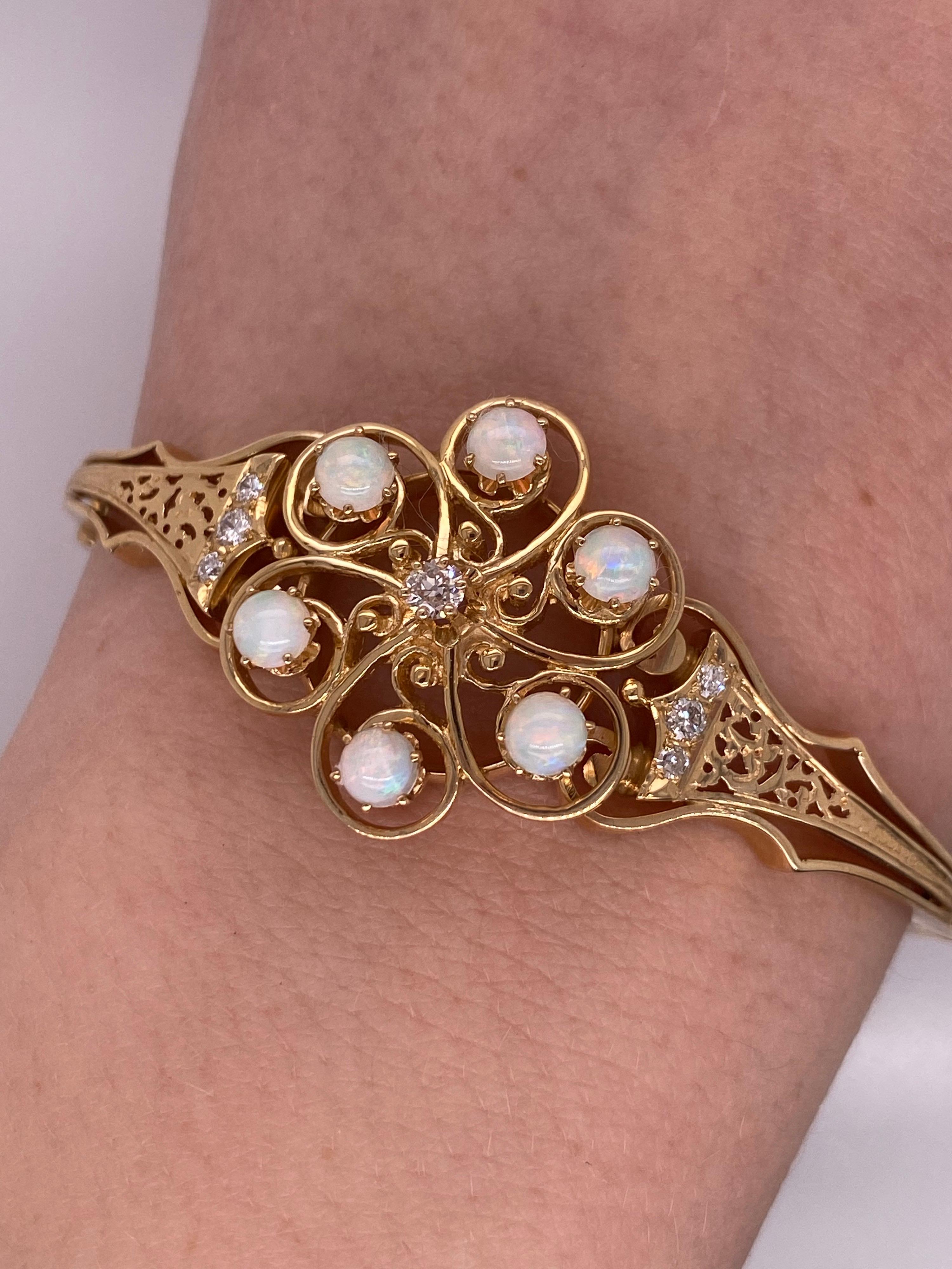 Vintage 14K Yellow Gold Victorian Reproduction Opal with Diamond Bangle Bracelet For Sale 1