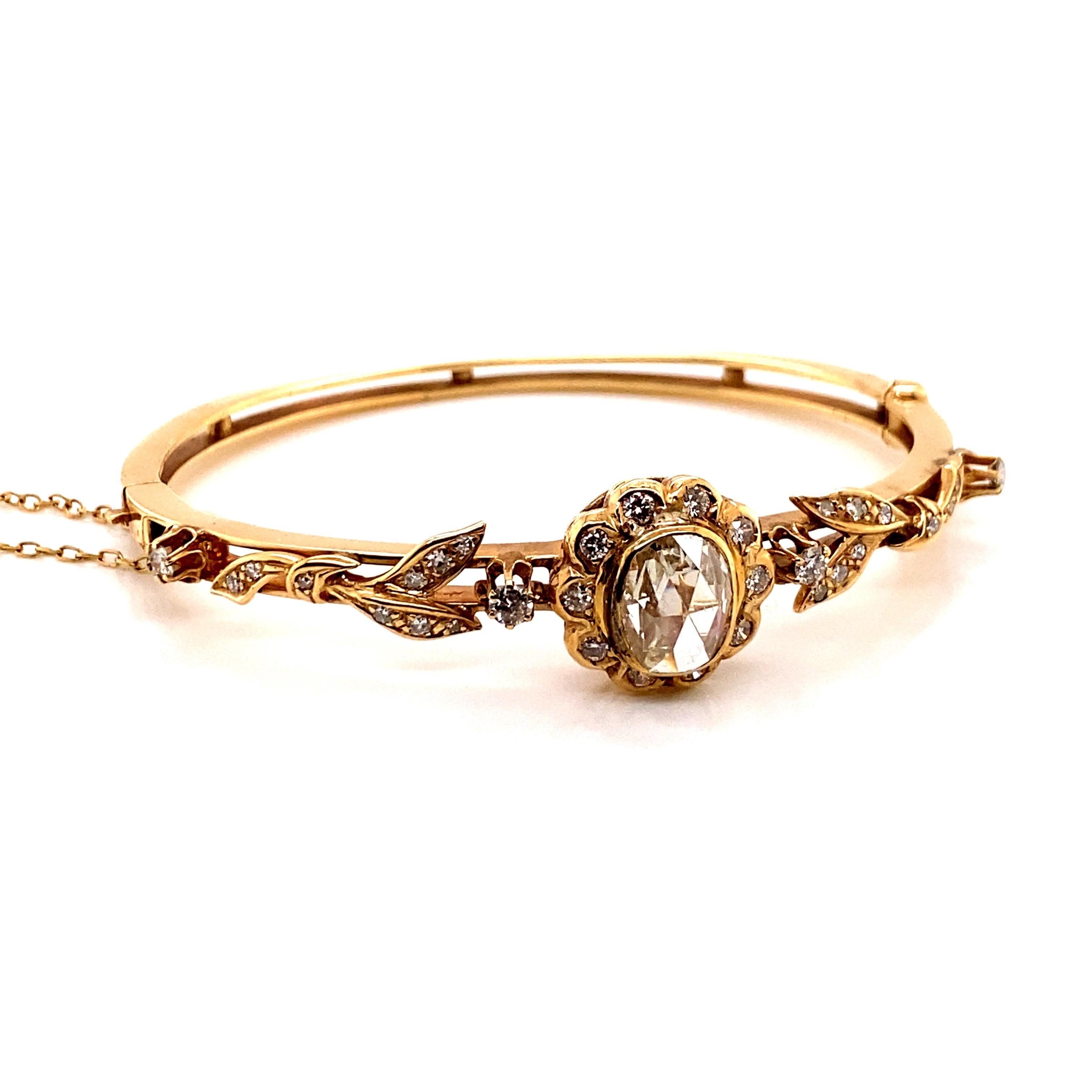 Taille rose Bracelet jonc vintage de reproduction victorienne en or jaune 14 carats avec diamants taille rose en vente