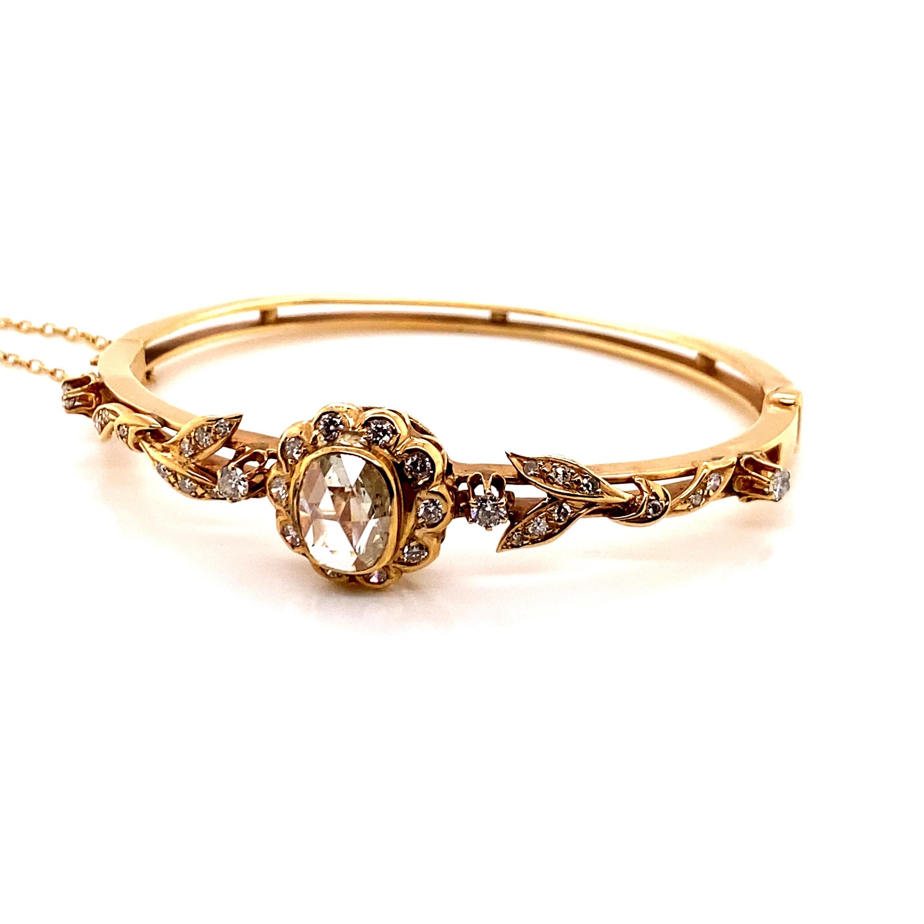 Bracelet jonc vintage de reproduction victorienne en or jaune 14 carats avec diamants taille rose Bon état - En vente à Boston, MA