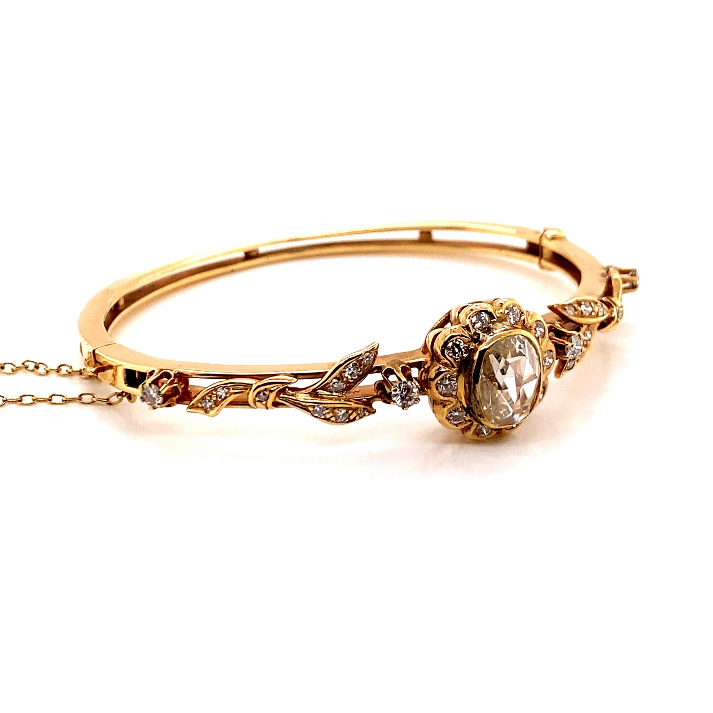 Vintage 14k Yellow Gold Victorian Reproduction Rose Cut Diamond Bangle Bracelet In Good Condition For Sale In Boston, MA