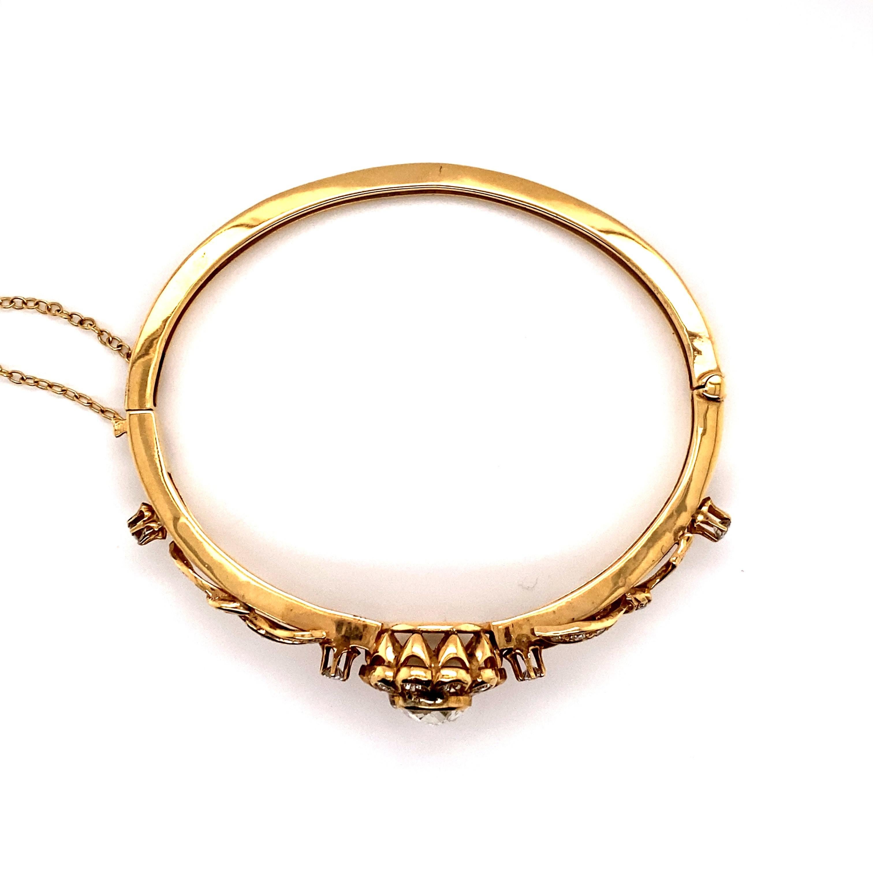 Bracelet jonc vintage de reproduction victorienne en or jaune 14 carats avec diamants taille rose en vente 1