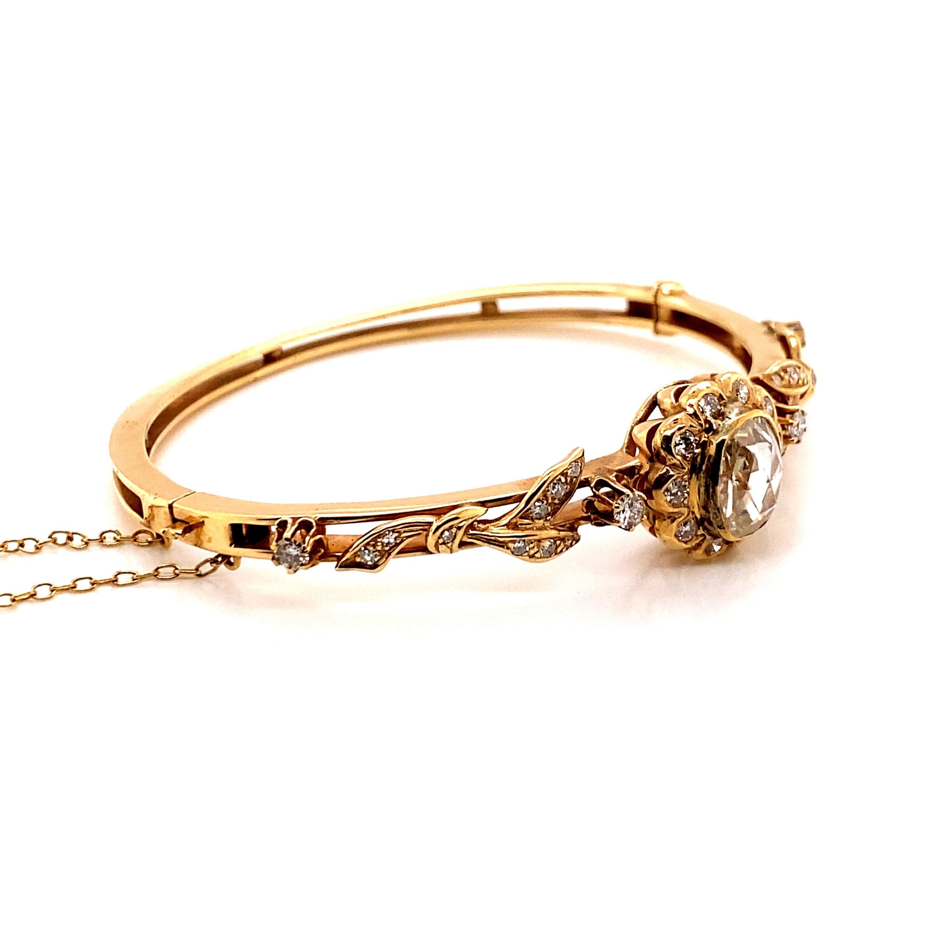 Bracelet jonc vintage de reproduction victorienne en or jaune 14 carats avec diamants taille rose en vente 2