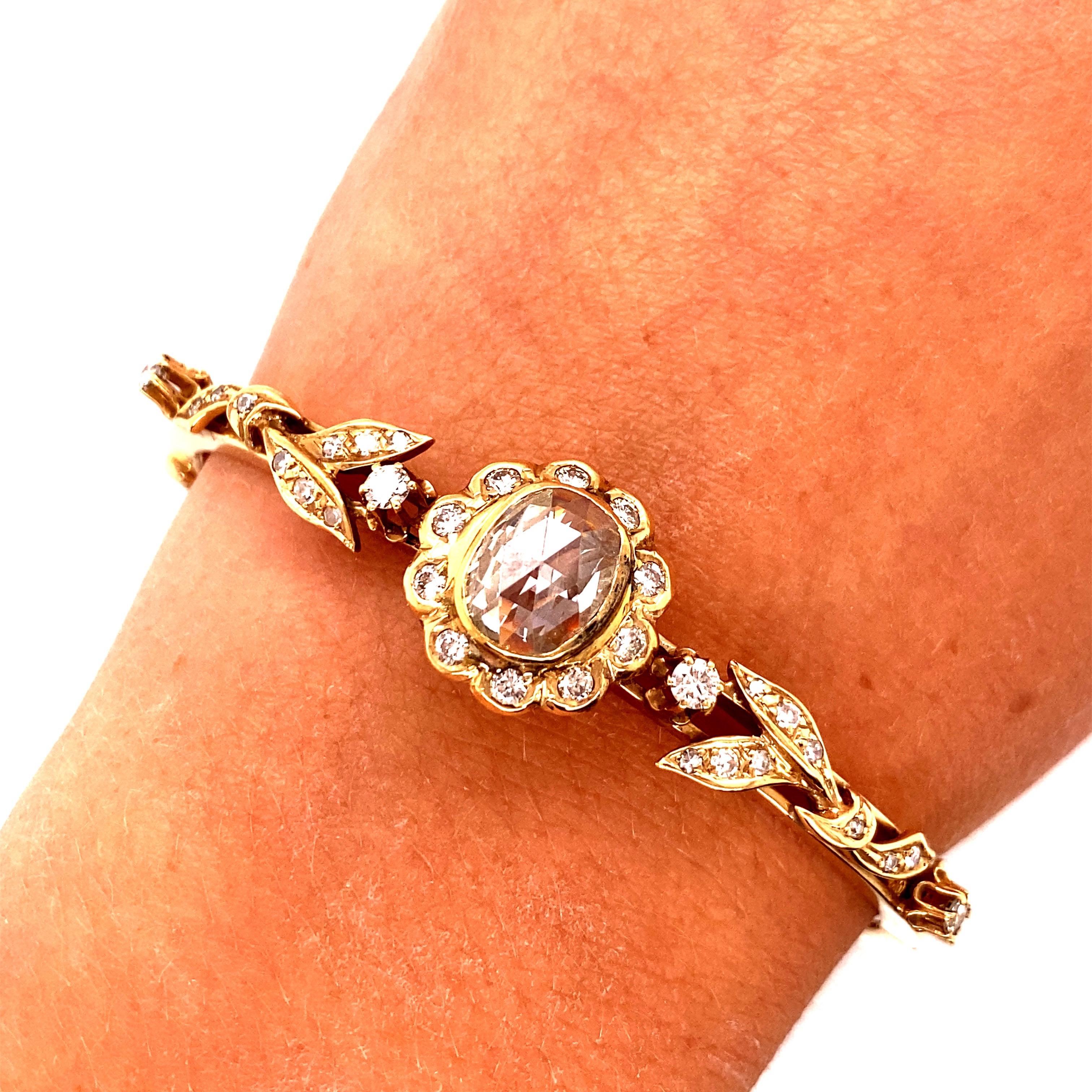 Vintage 14k Yellow Gold Victorian Reproduction Rose Cut Diamond Bangle Bracelet For Sale 2