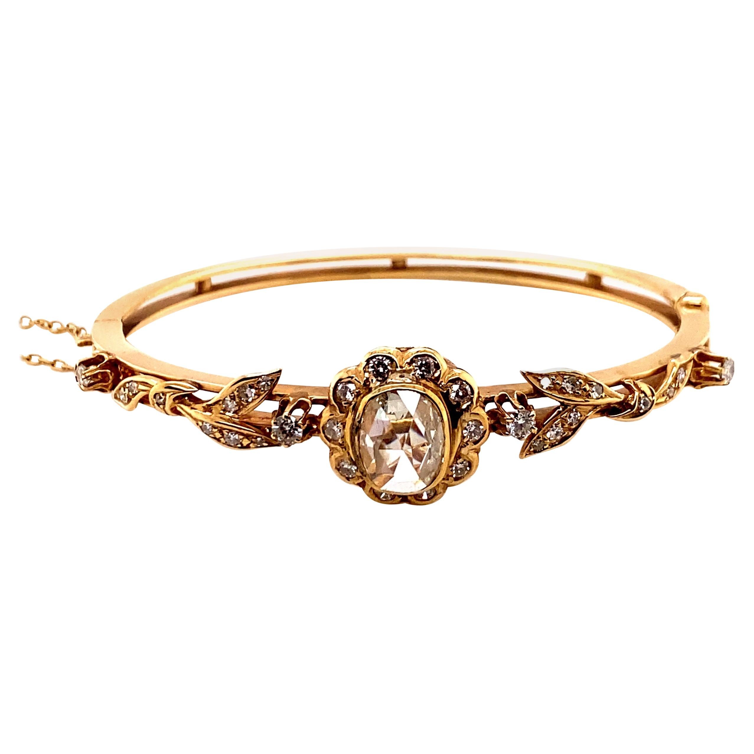 Vintage 14k Yellow Gold Victorian Reproduction Rose Cut Diamond Bangle Bracelet For Sale