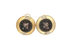 Vintage 14k Yellow Gold w/ Silver Coin & Diamond Button Omega Earrings